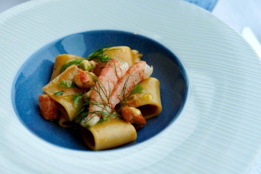 Mezzi Paccheri Pasta with Sicilian Red Shrimps and Basil Pesto Sauce